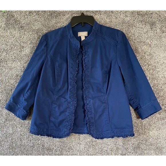 Chico's Jackets & Blazers - Chicos Jacket Womens Size 1 (Medium) Blue Blazer Ruffle‎ Open Front Preppy